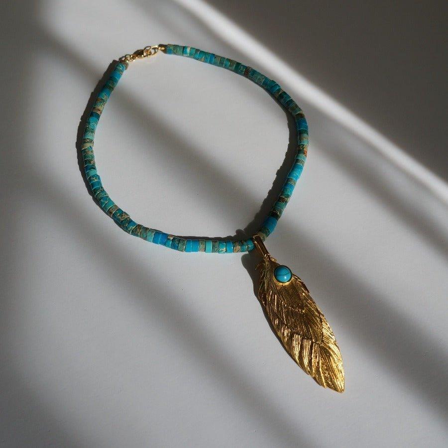 Dacota - Turquoise Necklace - Gold Feather Necklace 