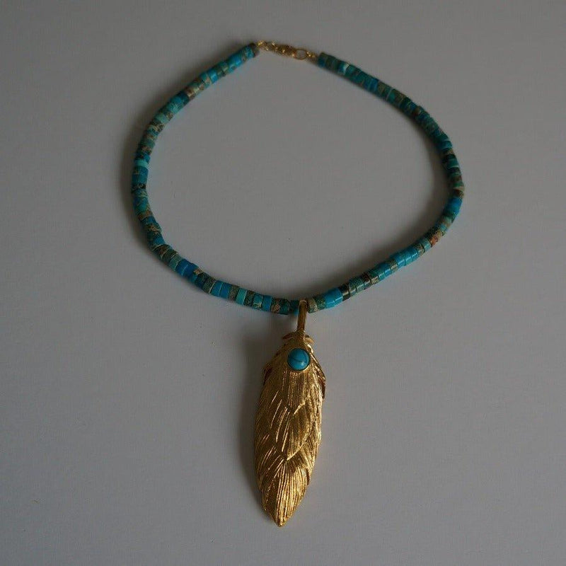 Dacota - Turquoise Necklace - Gold Feather Necklace 