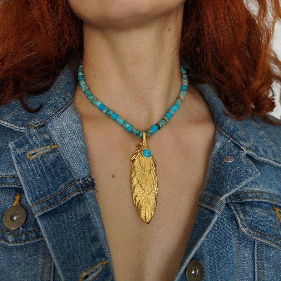 Dacota - Turquoise Necklace - Gold Feather Necklace 