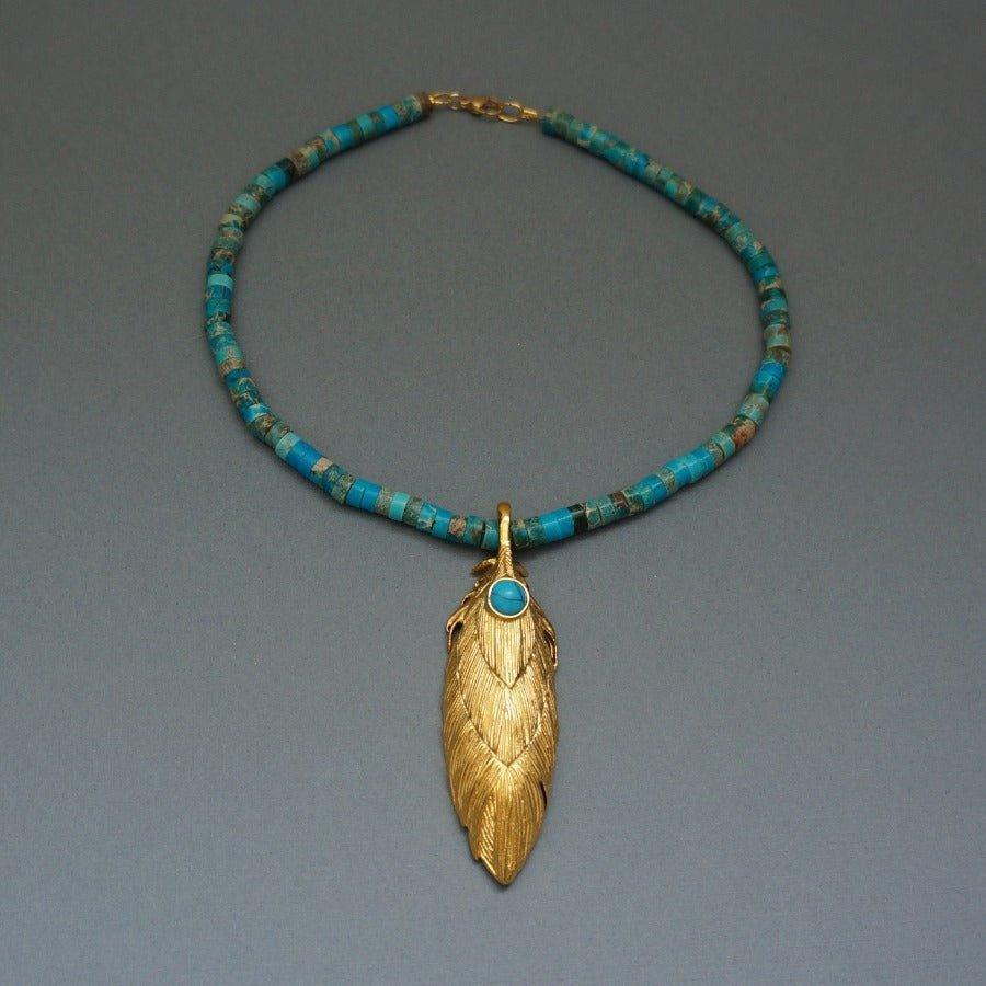 Dacota - Turquoise Necklace - Gold Feather Necklace 